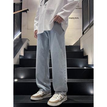 潮牌秋冬加絨加厚闊腿男生牛仔褲