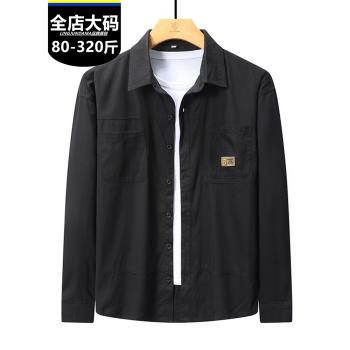 工裝襯衫春秋季男士加肥加大碼純色棉質長袖夾克寬松肥佬胖哥外套