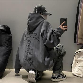 特大碼300斤重磅麂皮絨連帽衛衣男春秋季情侶款美式潮牌印花外套
