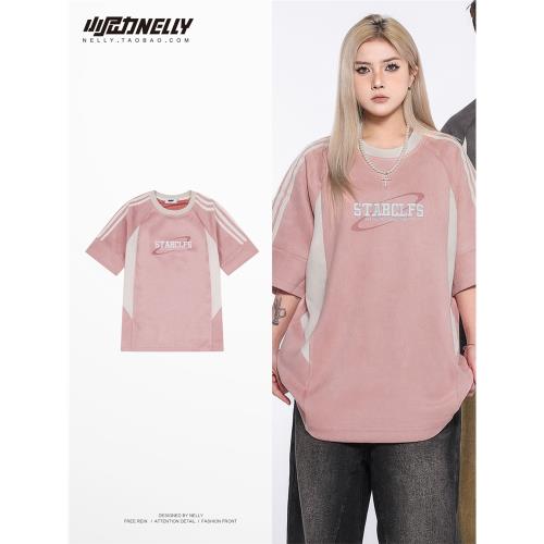 美式麂皮絨拼接撞色情侶短袖T恤男女夏季潮牌小眾設計感五分袖潮