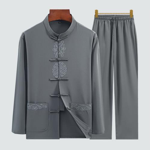 中國風唐裝男夏季長袖老人棉麻套裝爸爸夏裝襯衫中老年薄款休閑裝