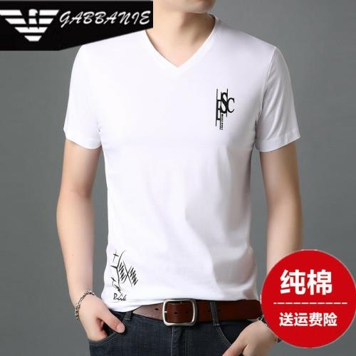 GABBANIE純棉男士V領短袖t恤印花半袖雞心領絲光棉純色打底衫