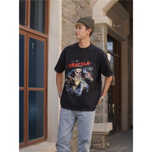 歐美老電影德古拉吸血鬼純棉寬松懷舊短袖美式復古潮流印花T恤男