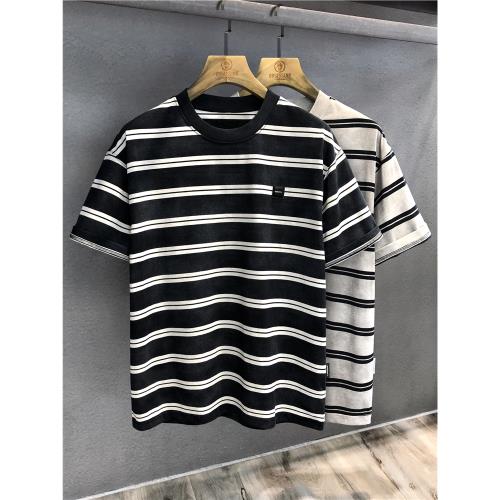 高品質專柜雙條紋潮牌短袖T恤男士夏季美式復古半袖體恤男裝衣服