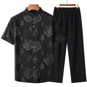 爸爸裝老人衣服男爺爺夏裝季中老年人男士唐裝短袖套裝冰絲衣服
