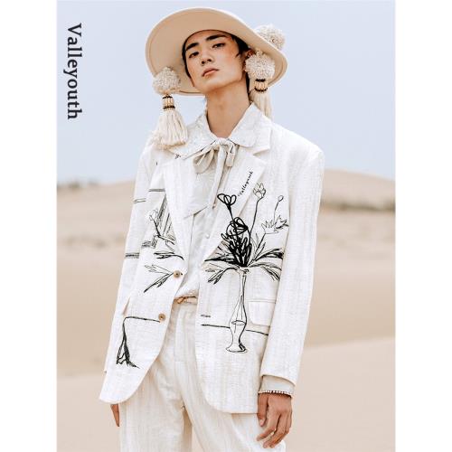 瓶花 提花肌理寬松復古立體插花刺繡小眾西裝 山谷少年原創男裝