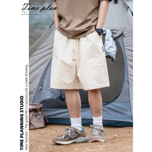 時間計劃大口袋日系復古白色短褲男夏季春款寬松休閑工裝五分褲潮