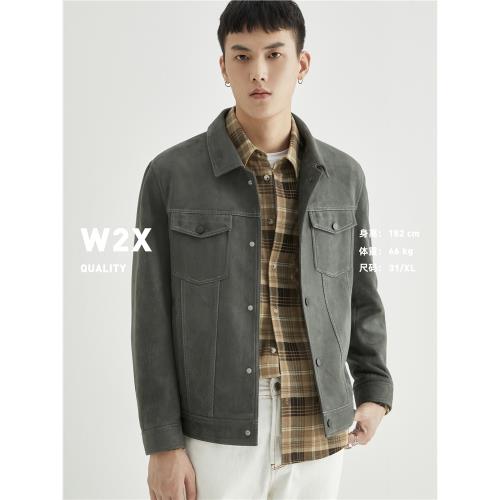 w2x春秋季麂皮絨夾克男短款翻領外套2022年新款潮流百搭工裝上衣