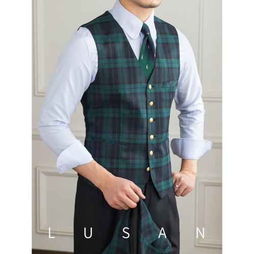 清倉鹿三先生英倫蘇格蘭綠色格子坎肩復古常春藤學院風馬甲背心男