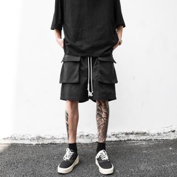 高街vibe暗黑機能立體風琴大口袋五分褲夏純色寬松休閑運動短褲男
