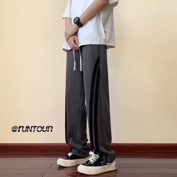 條紋運動褲男秋季美式復古高街hiphop褲子直筒寬松闊腿褲休閑長褲