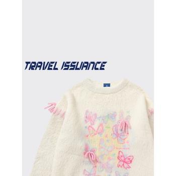 TRAVEL ISSUANCE 蝴蝶色彩 原創ins多巴胺蝴蝶結BF寬松針織衫毛衣