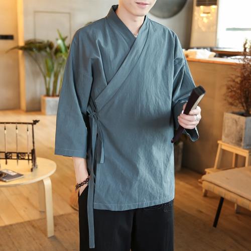 改良漢服男古風道袍棉麻外套男士佛系上衣中國風男裝內搭斜襟禪服