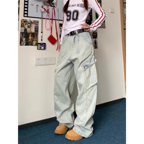 復古水洗做舊多口袋工裝牛仔褲男女寬松vintage解構設計感闊腿褲