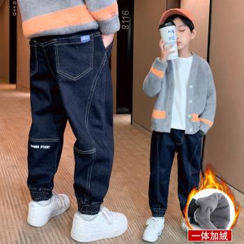 潮牌男大童秋冬一體加絨牛仔褲