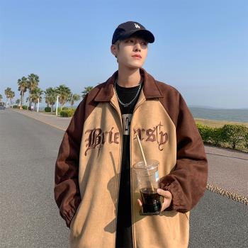 字母刺繡鹿皮絨外套男日系復古cityboy翻領夾克秋季美式高街上衣