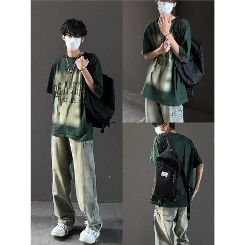 夏季高街帥氣穿搭男裝高級感純棉短袖T恤ins嘻哈潮牌暗黑一套搭配