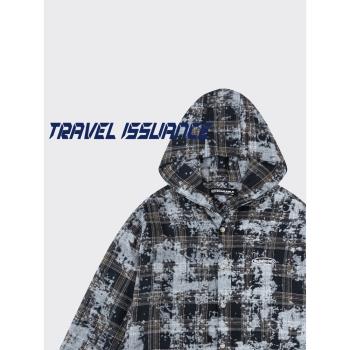TRAVEL ISSUANCE 都來看看 美式痞帥BF扎染格子寬松連帽長袖襯衫