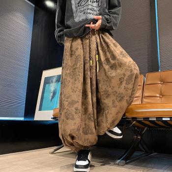 燈芯絨褲子男秋季寬松大碼男褲中國風復古提花束腳燈籠褲休閑長褲