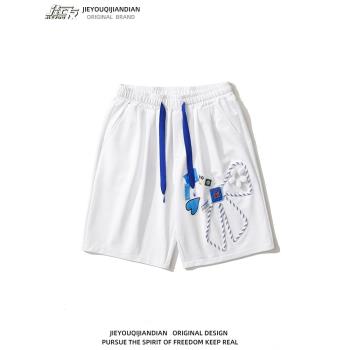 vintage小眾別致蝴蝶結運動短褲男女情侶款休閑五分褲ins過膝中褲