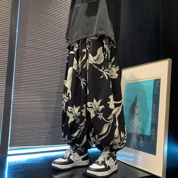 中式復古花褲子男秋季潮流寬松哈倫褲中國風男裝休閑褲束腳燈籠褲