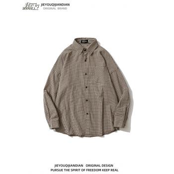 潮牌復古格子長袖襯衫男女寬松Oversize休閑痞帥情侶ins襯衣外套