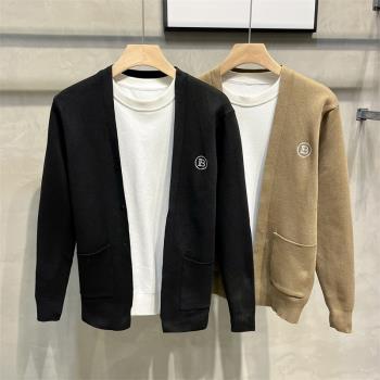 春秋男士刺繡純色開衫韓版修身簡約彈力針織毛衣衫休閑外套百搭潮