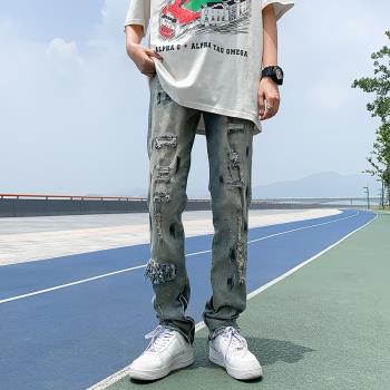破洞做舊膝蓋補丁拉鏈九分牛仔褲