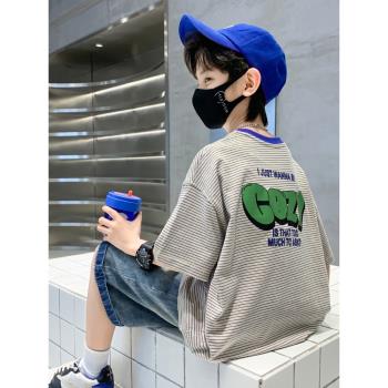 短袖中大童上衣男孩洋氣條紋夏裝