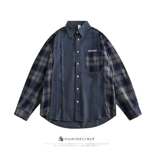 拼接格子襯衫男長袖美式復古設計感破壞毛邊襯衣vintage情侶外套