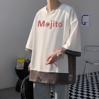 純棉t恤男設計感假兩件短袖夏季潮流寬松五分袖上衣圓領半袖體恤