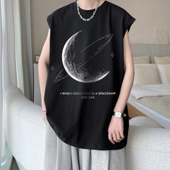 美式復古月球背心男夏季純棉短袖重磅無袖t恤青少年運動汗衫坎肩