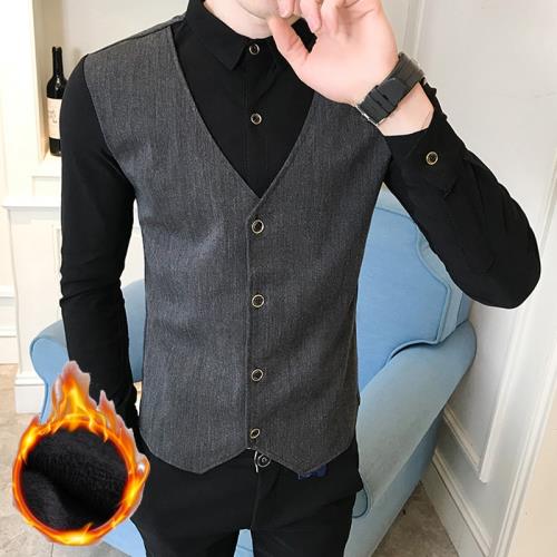 冬季KTV酒吧少爺服裝男服務員工作服假兩件馬甲加絨加厚長袖襯衫