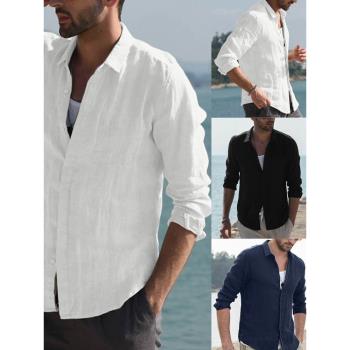 2023秋季新款男士長袖襯衫歐美純色大碼休閑開衫襯衣潮Men Shirts