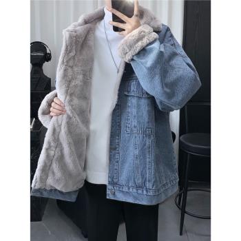 仿兔毛冬季翻領保暖棉服牛仔外套