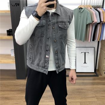 牛仔外套男款春季潮牌修身痞帥港風夾克坎肩潮流百搭工裝背心馬甲