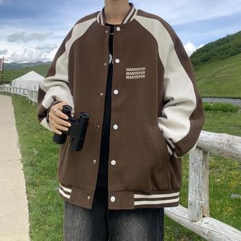 美式復古拼色棒球服男高級感毛呢外套秋季休閑寬松帥氣飛行員夾克