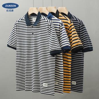 DUKEEN美式重磅條紋polo衫短袖男夏季復古純棉翻領t恤海魂保羅衫