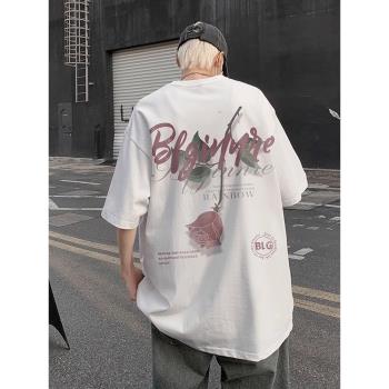 潮牌短袖街頭痞帥大碼玫瑰印花