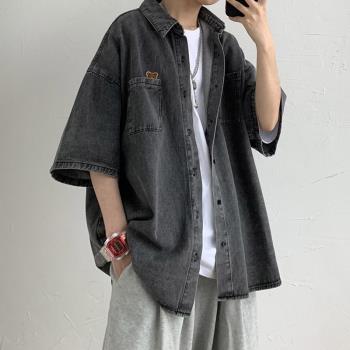 古著vintage牛仔襯衫男ins潮夏季oversize外套日系復古短袖襯衣