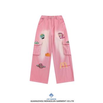 JueAaron街頭卡通刺繡水洗牛仔褲男女秋季寬松bf百搭情侶闊腳長褲
