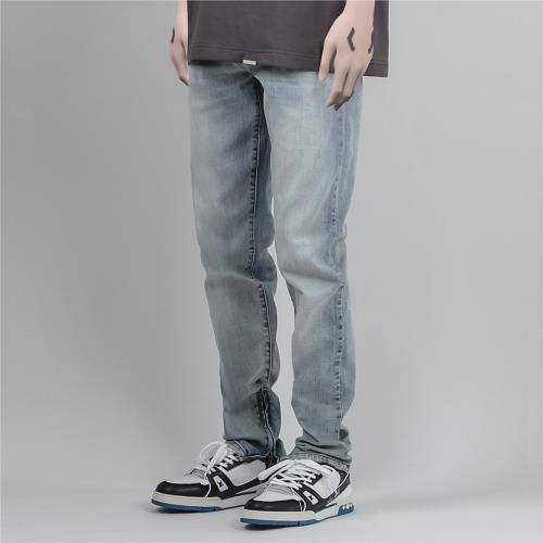 PERDU 磨白淺藍水洗修身彈力基礎四季款褲腳拉鏈牛仔褲vibe