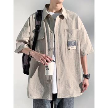 短袖襯衫男夏季冰絲襯衣男生上衣服潮牌潮流夏天休閑工裝外套襯衫