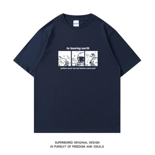 趣味太空宇航員印花短袖t恤男夏季ins港風純棉寬松休閑半袖體恤衫