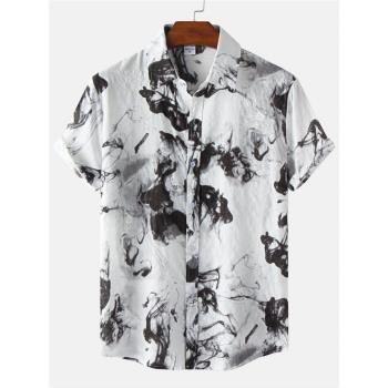 2023夏季大碼男式寬松薄款民族風碎花休閑短袖襯衫潮Mens Shirts