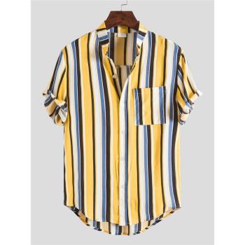 外貿男裝2023歐美男士短袖襯衫條紋印花大碼立領襯衣潮Men Shirts