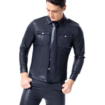 男士漆皮表演服長袖襯衫上衣緊身彈力大碼制服誘惑歐美黑翻領T恤
