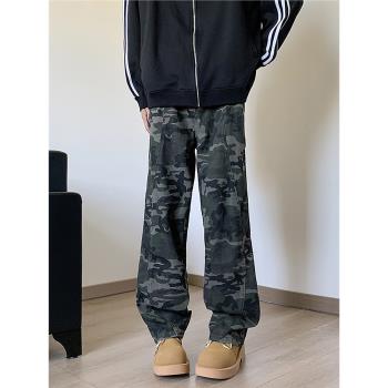 迷彩軍綠色牛仔褲復古解構工裝