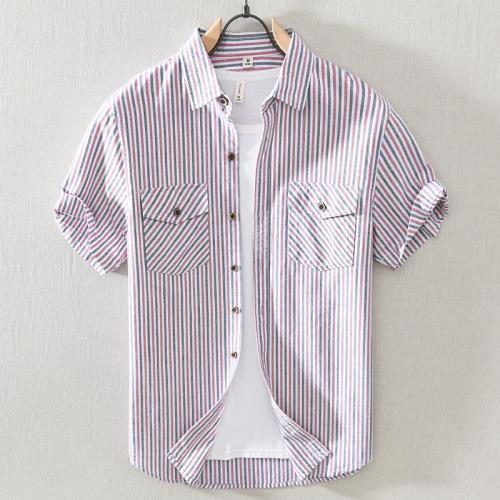 夏季男短袖純棉襯衫青年翻領條紋襯衣薄款親膚寸衫外搭便單潮上衣