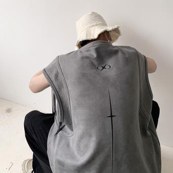 麂皮絨背心男夏季美式復古潮牌運動坎肩上衣百搭潮流休閑無袖t恤